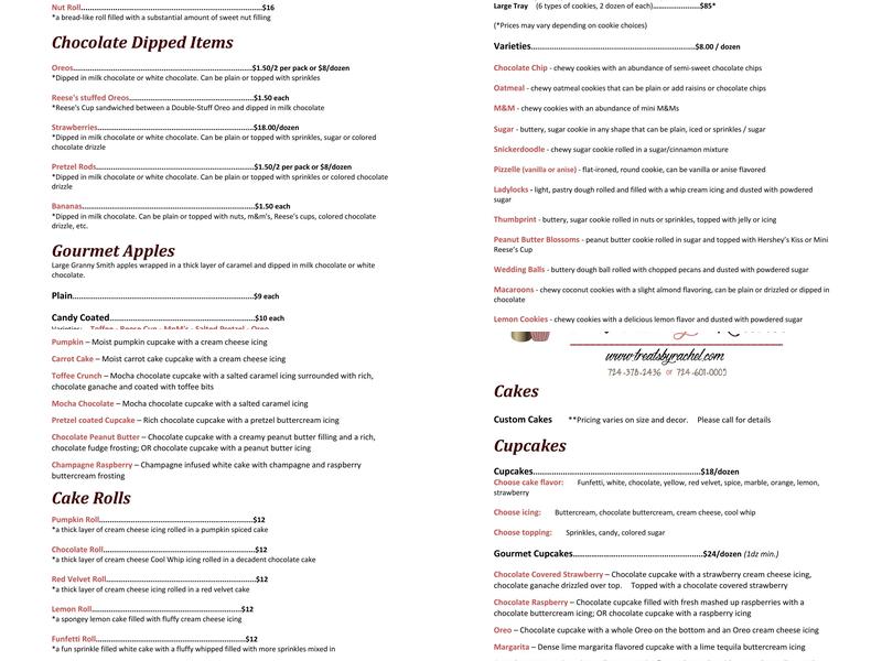 Chocolates, Sweets & Treats by Rachel, LLC Menu
