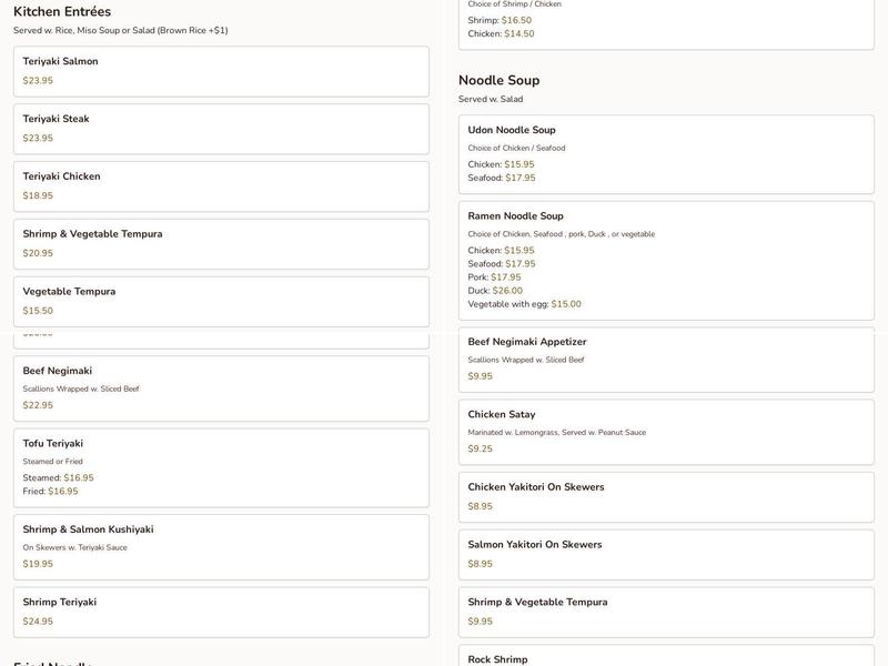 Tataki Japanese Restaurant Menu