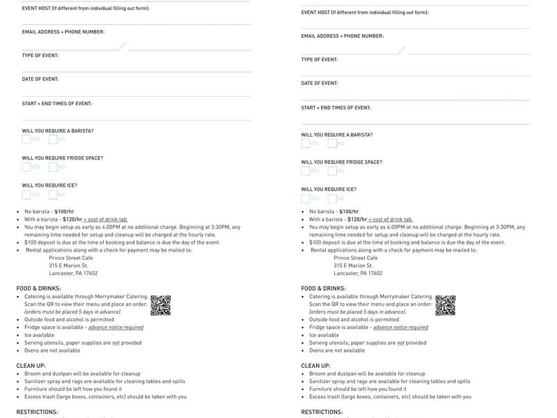 Prince Street Cafe, Columbia Menu