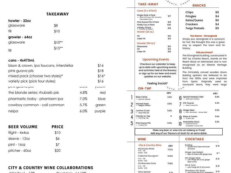 Stronghold Brewing Co. Menu