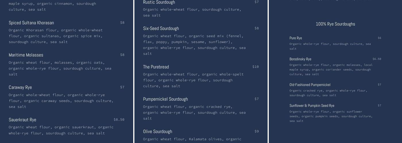 Purebread Menu