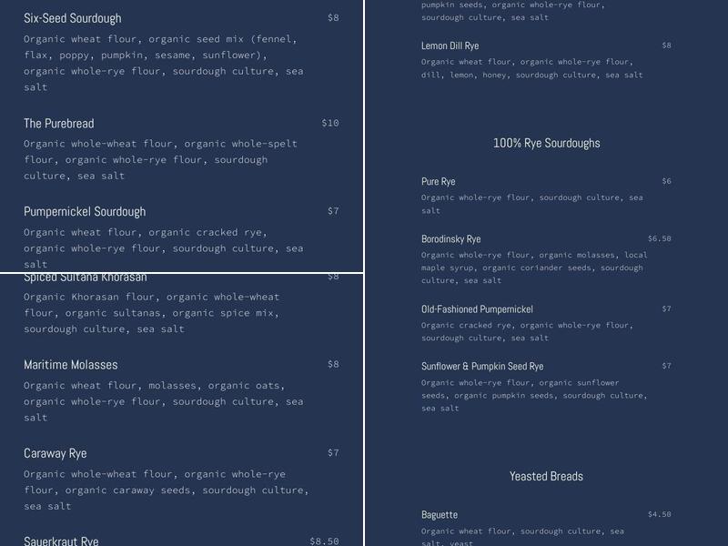 Purebread Menu
