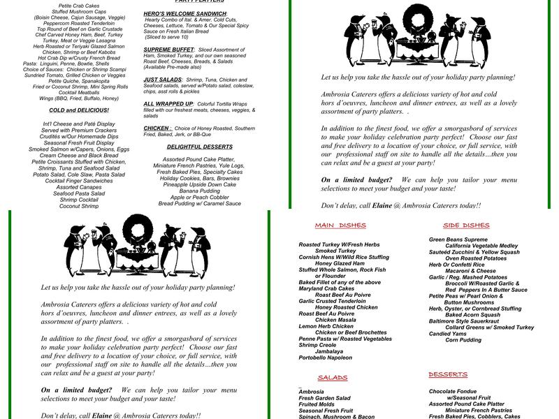 Ambrosia Caterers, LLC Menu