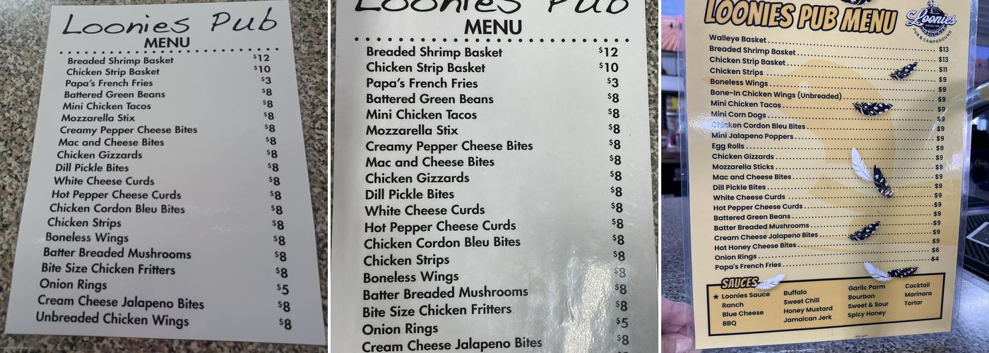 Loonies Pub & Campground Menu