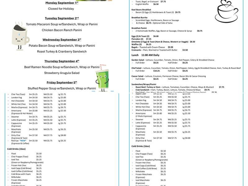 Kool Beans Cafe Menu