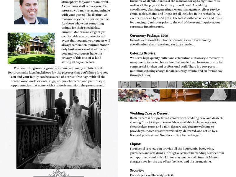 Summit Manor Reception House Menu