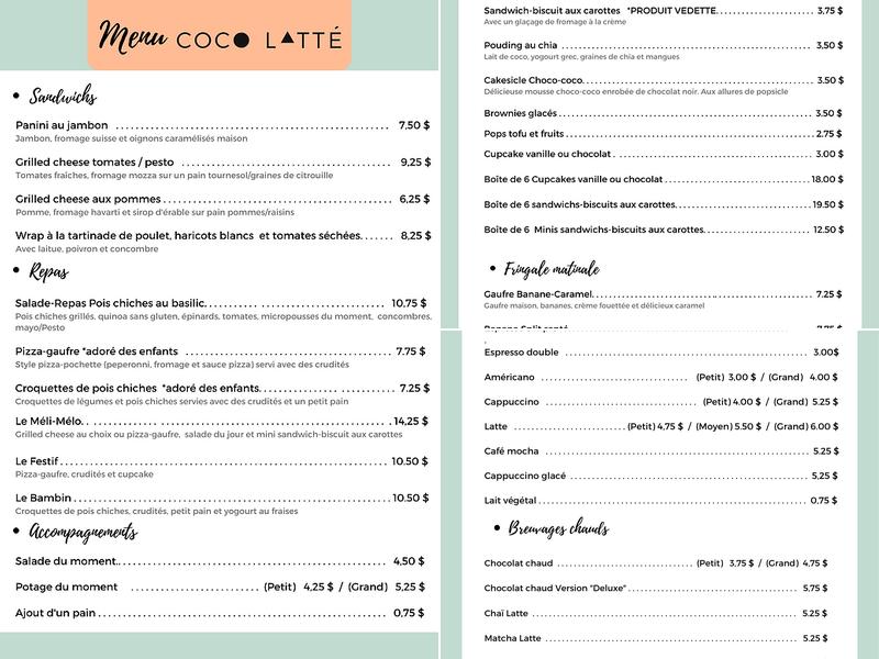 Coco Latté Menu