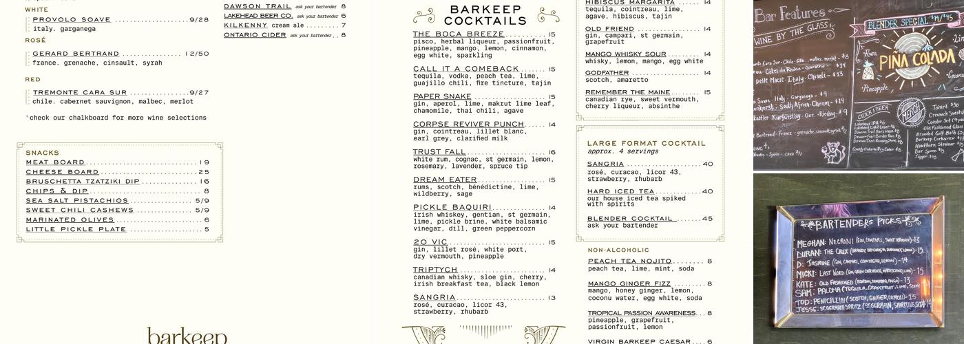 Barkeep Menu