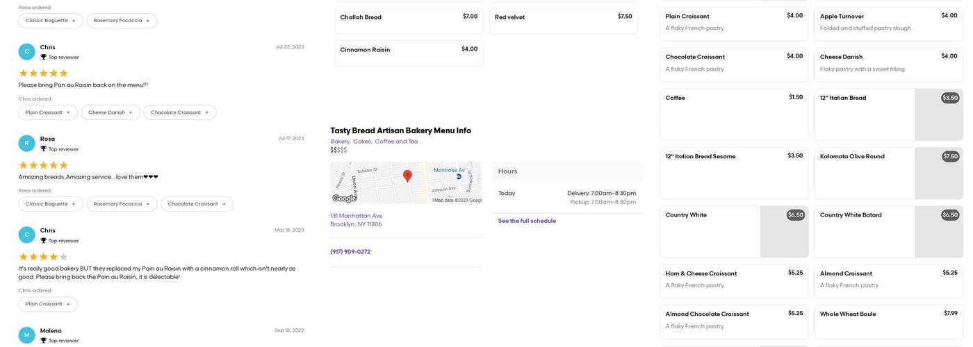Tasty Bread Artisan Bakery Menu