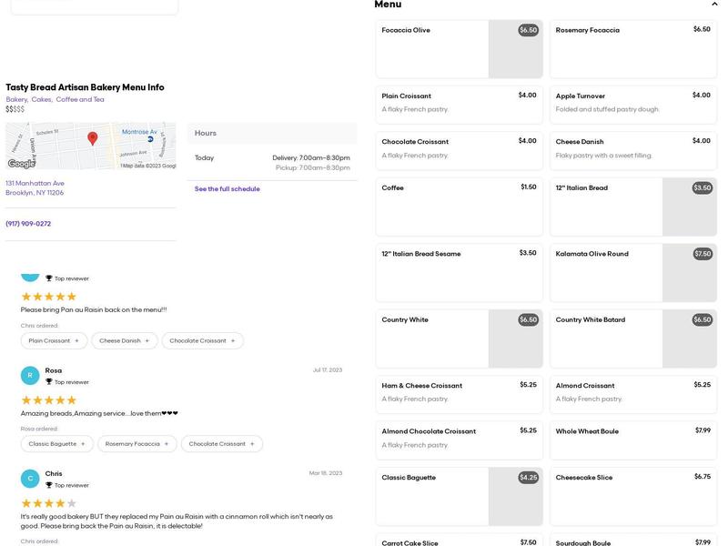 Tasty Bread Artisan Bakery Menu