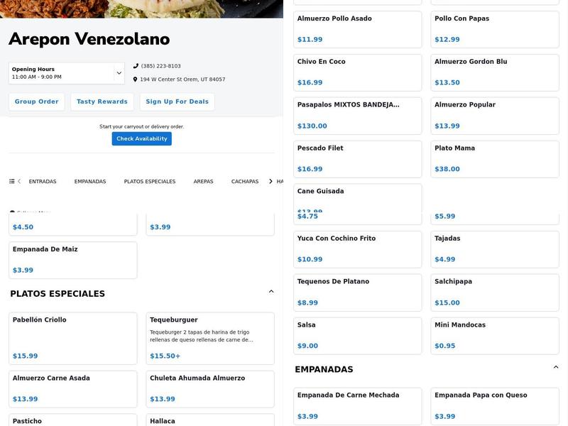 Arepon venezolano Menu