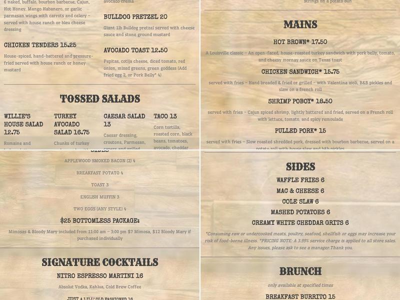 Willie Lill's Spirits & Kitchen Menu