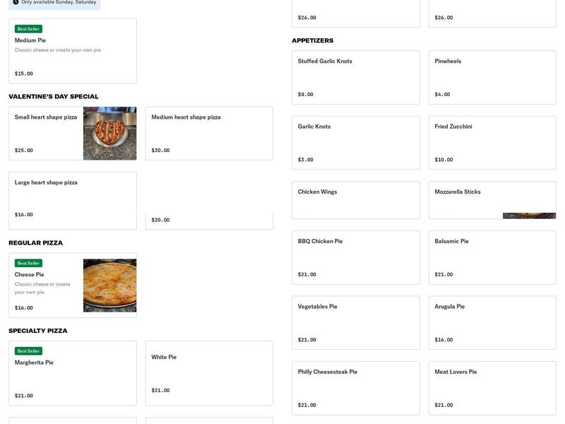 VALENTINO'S PIZZA BROOKLYN Menu