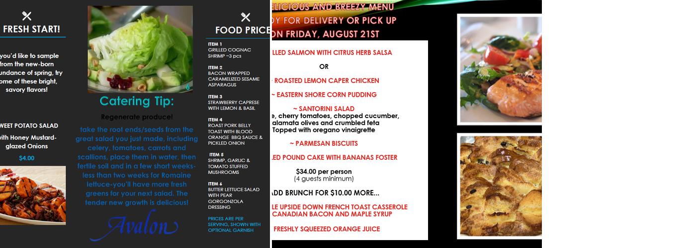 Avalon Caterers Menu