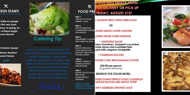 Avalon Caterers Menu