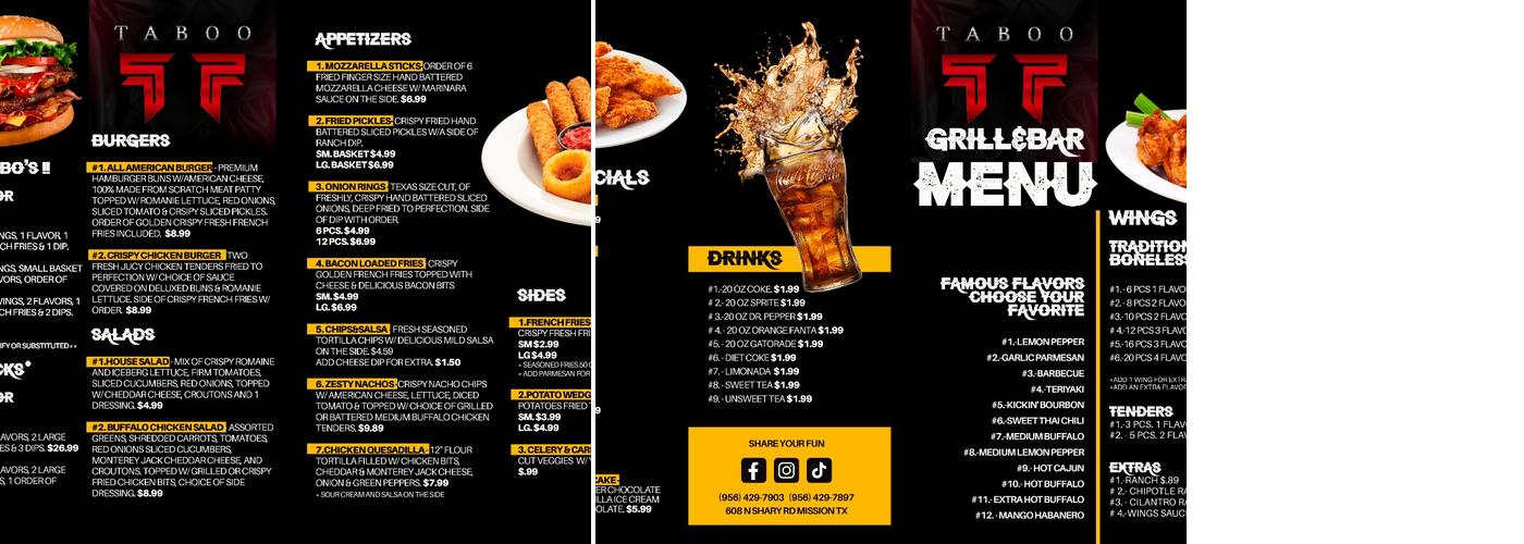 Taboo Bar & Grill Menu