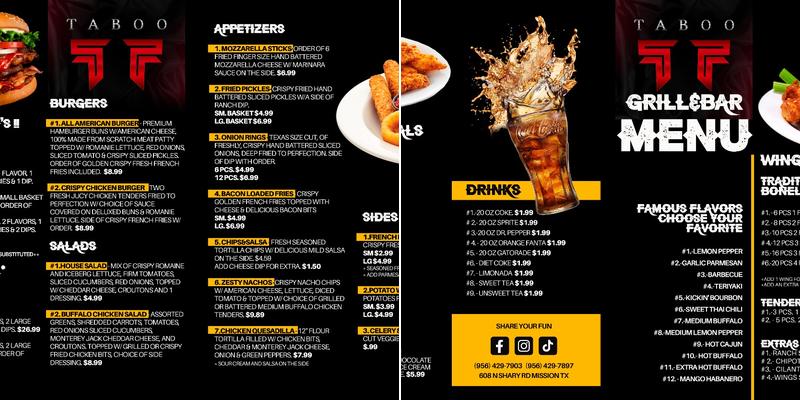 Taboo Bar & Grill Menu