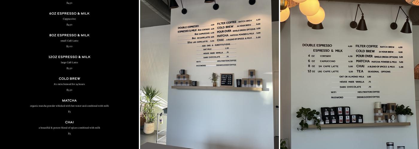 Holy Water Coffee Menu