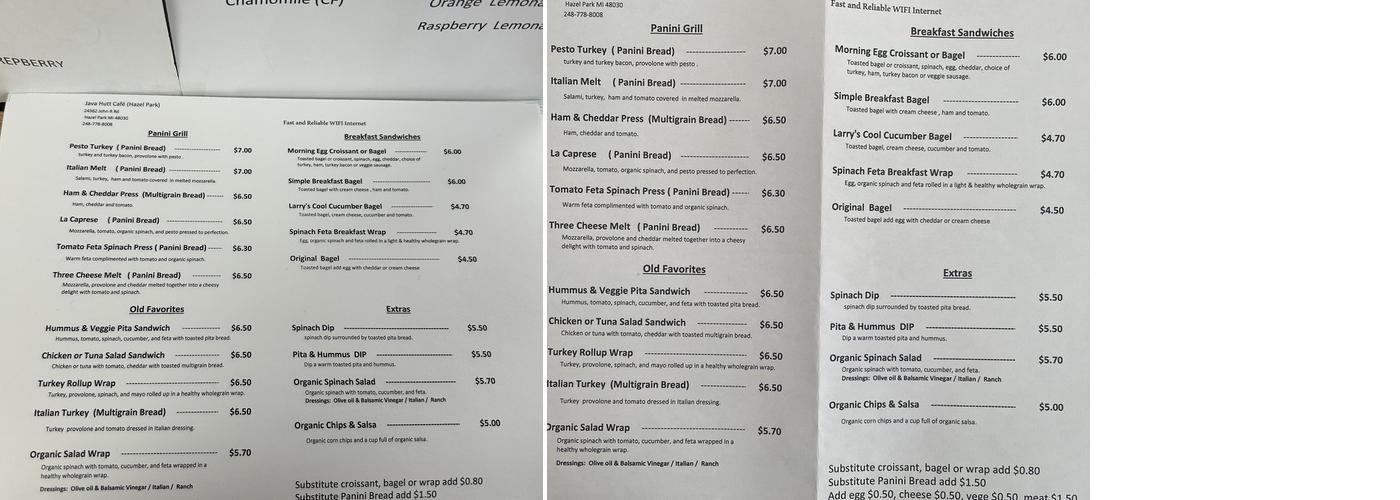 Java Hutt Cafe Menu