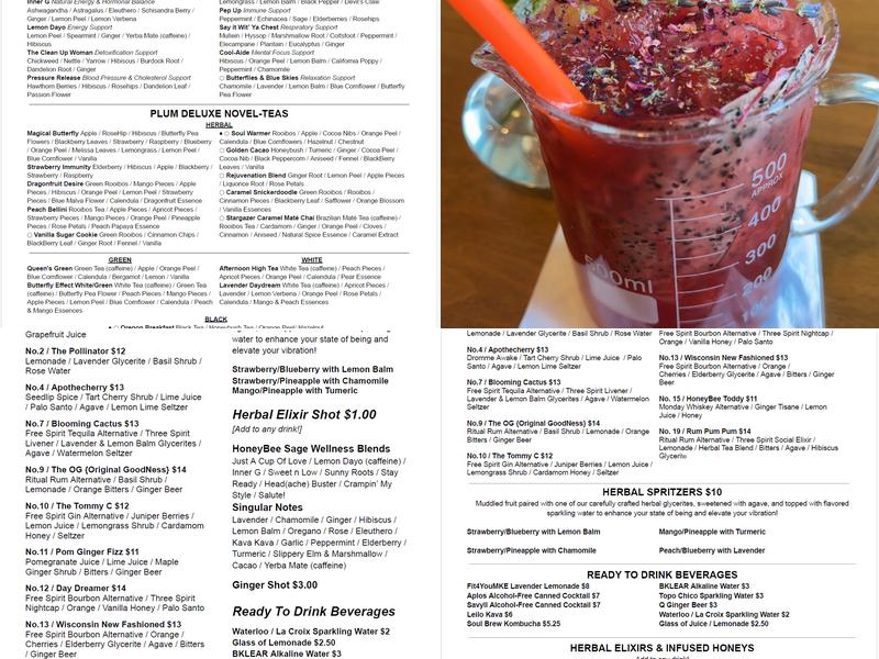 HoneyBee Sage Wellness & Apothecary Cafe Menu