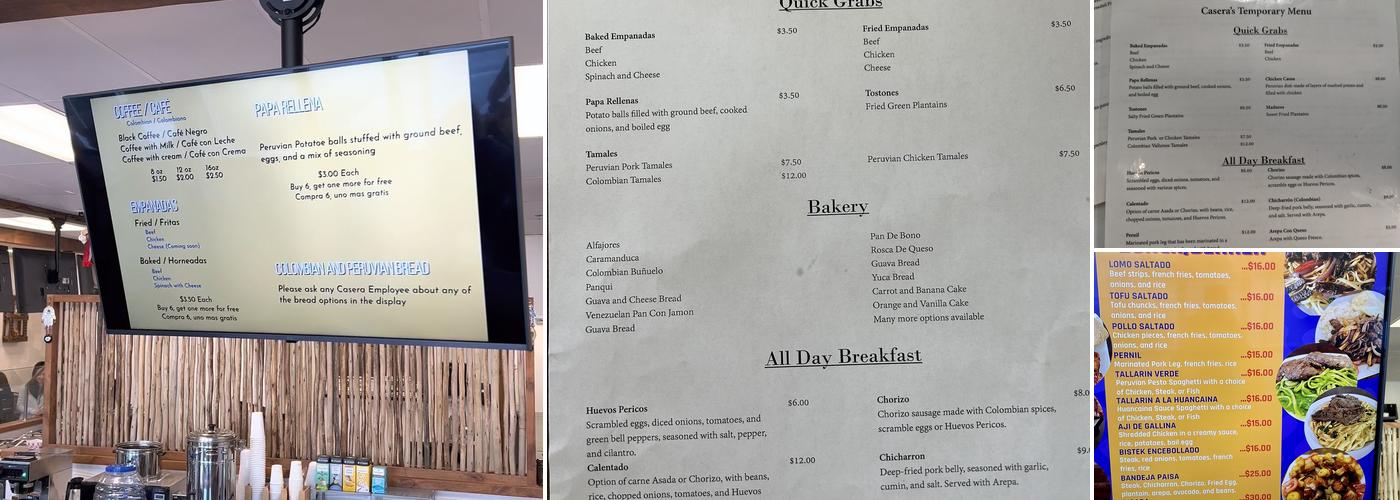 Casera Latin Kitchen and Bakery Menu