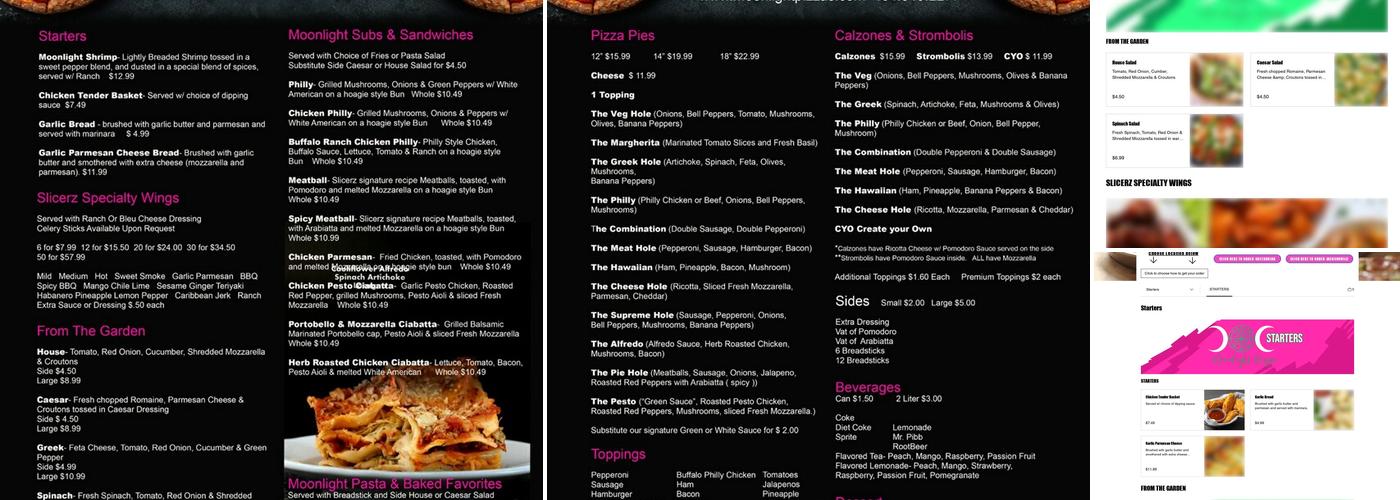 Moonlight Pizza Menu