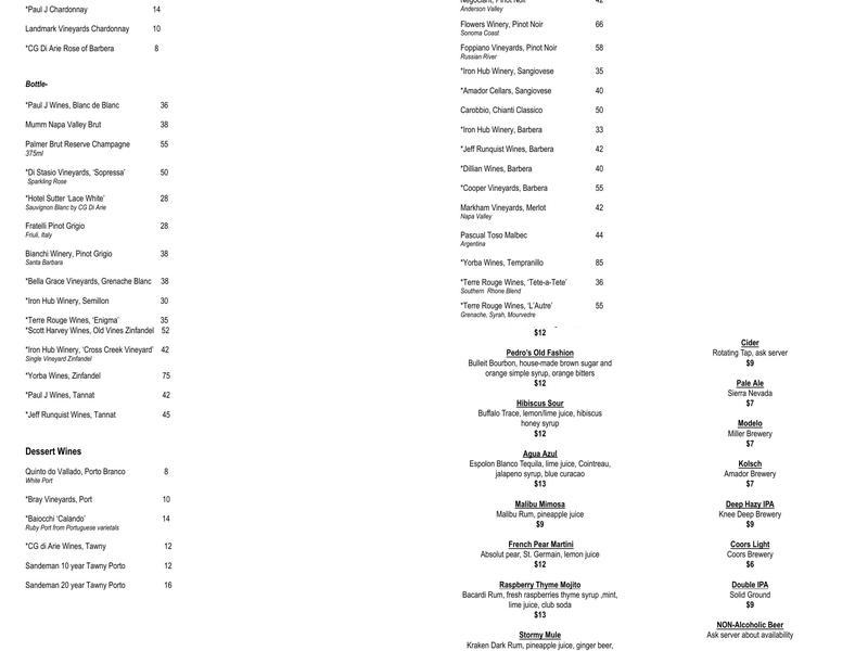 The Sutter Restaurant Menu