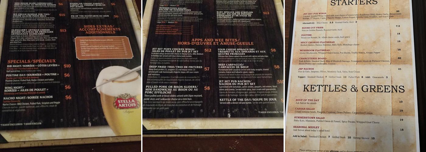 Jet Set Pub Menu