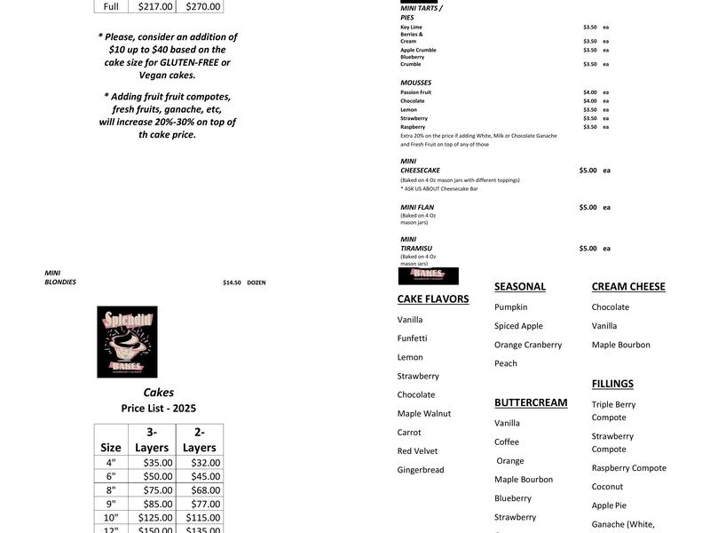 Splendid Bakes Menu
