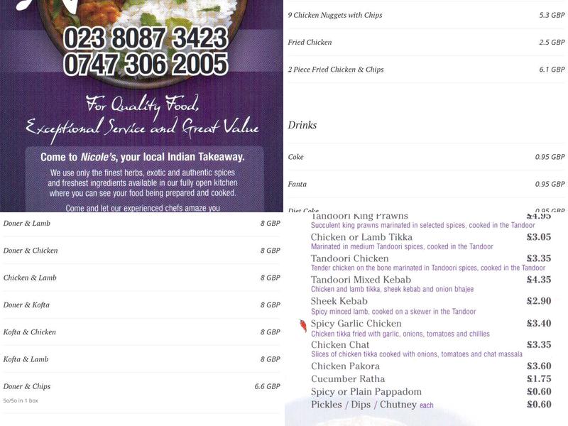 Nicole’s Takeaway Menu
