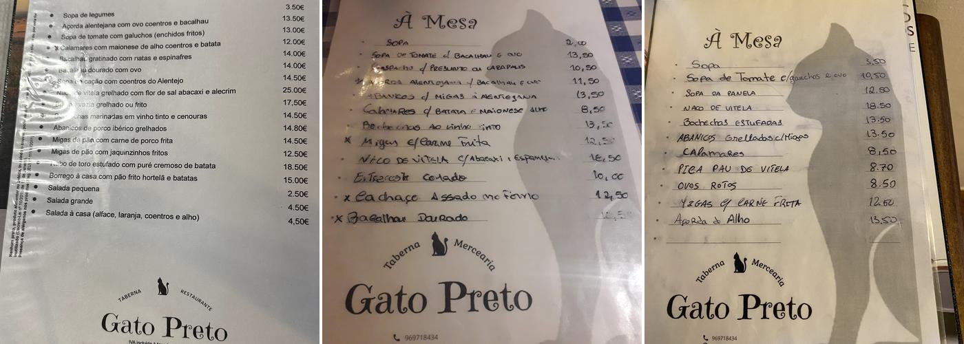 Restaurante Taberna Gato Preto Menu