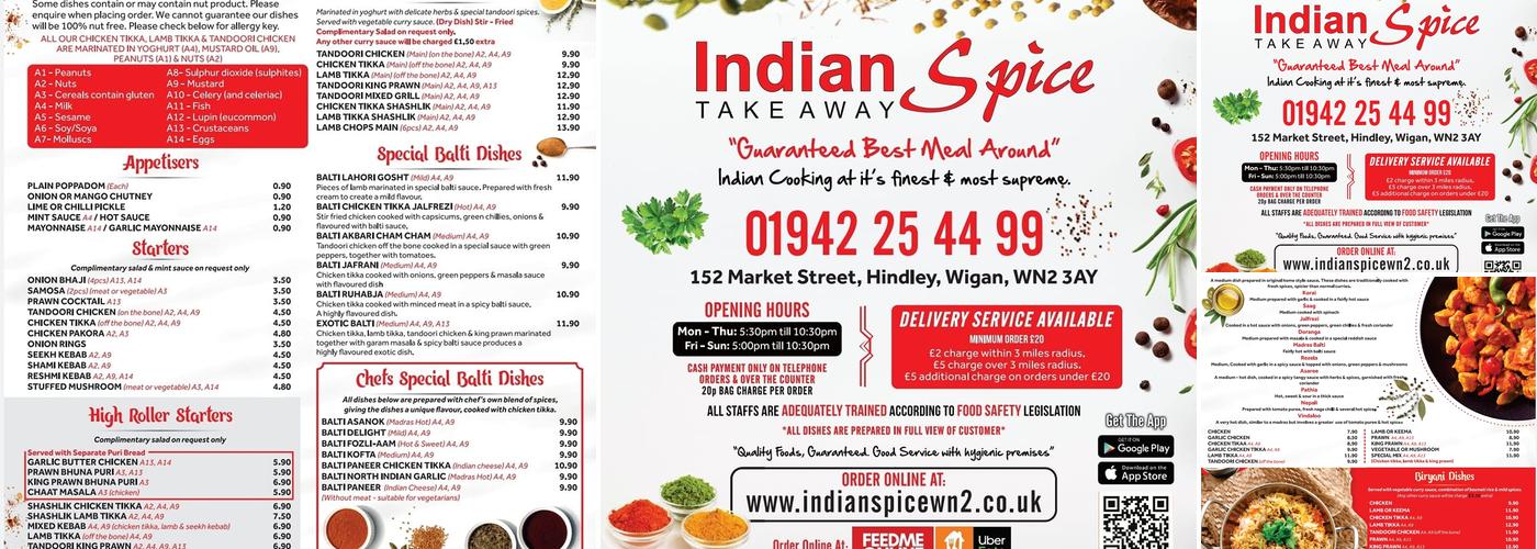 Indian Spice Take Away. Hindley. WN2 3AY Menu