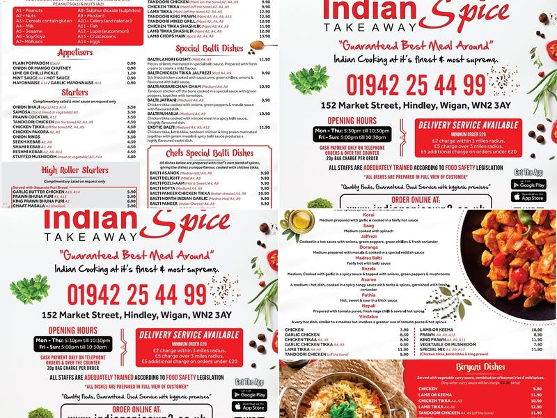 Indian Spice Take Away. Hindley. WN2 3AY Menu