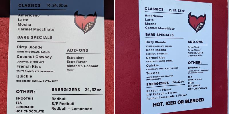 Bare Beans Bikini Coffee Menu