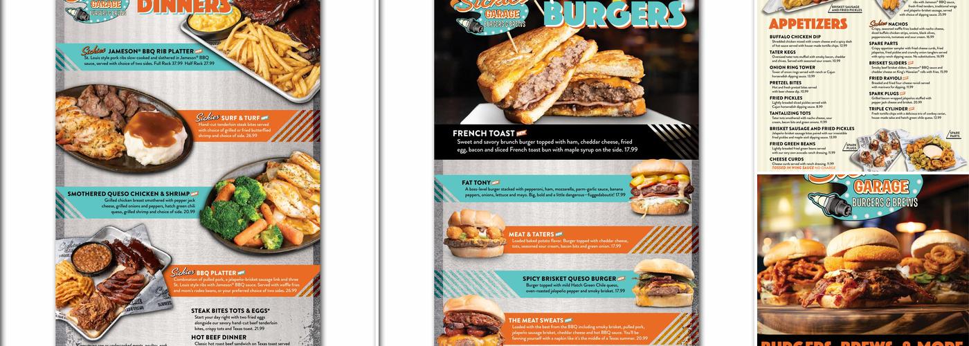 Sickies Garage Burgers & Brews Menu