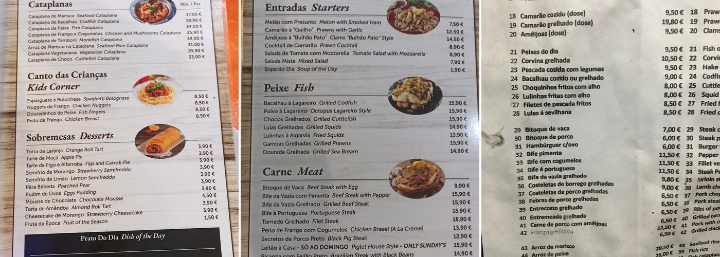 Casa de Pasto A Cataplana Menu