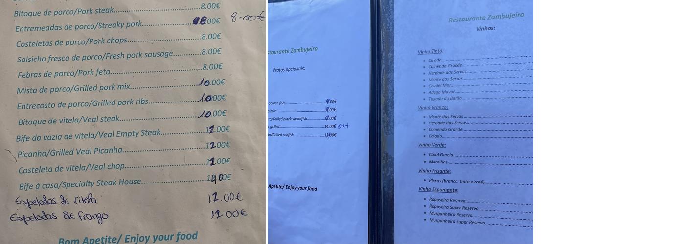 Zambujeiro Menu