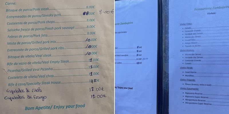 Zambujeiro Menu