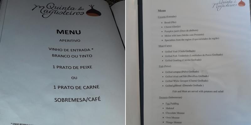 Quinta dos Magusteiros Menu