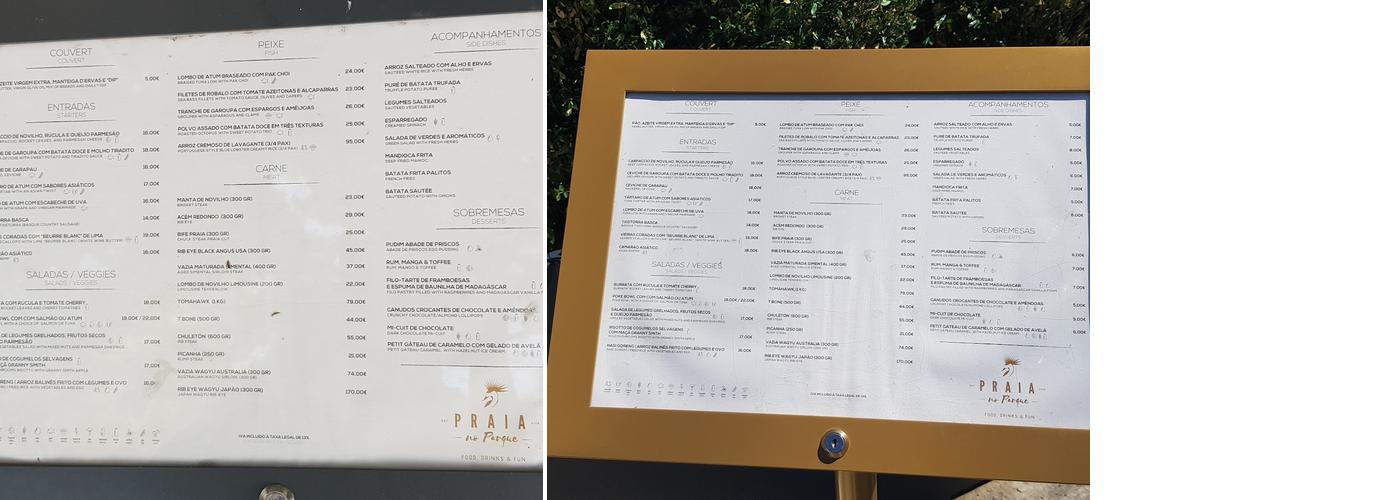 Praia no Parque Menu