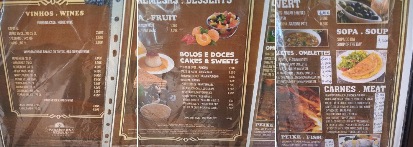 Paraíso da Serra Menu