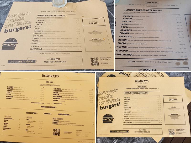Honorato Hamburguers Artesanais Telheiras Menu