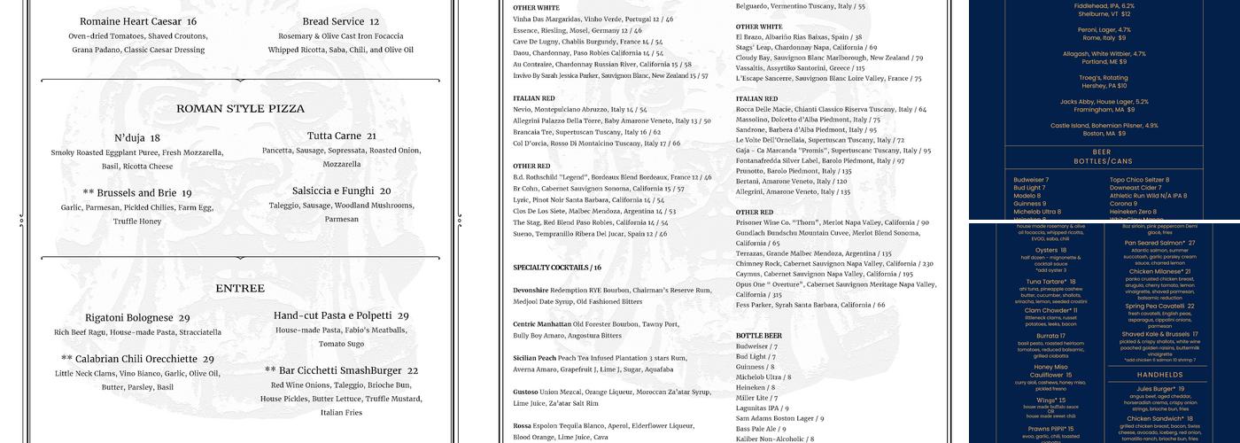 Jules on Devonshire Menu