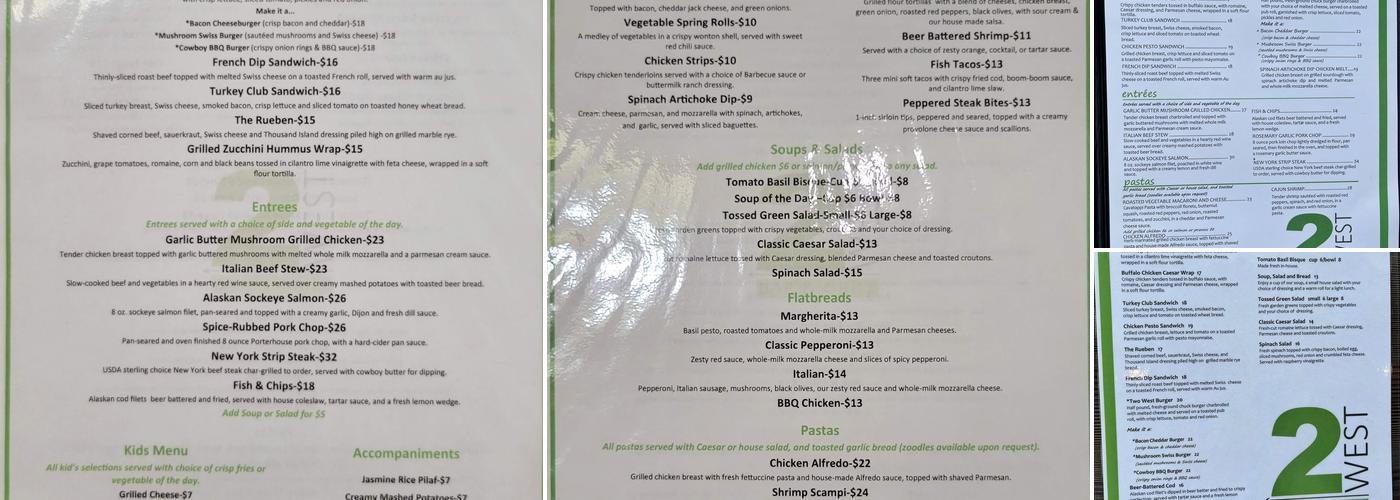 2West Bar & Grill Menu