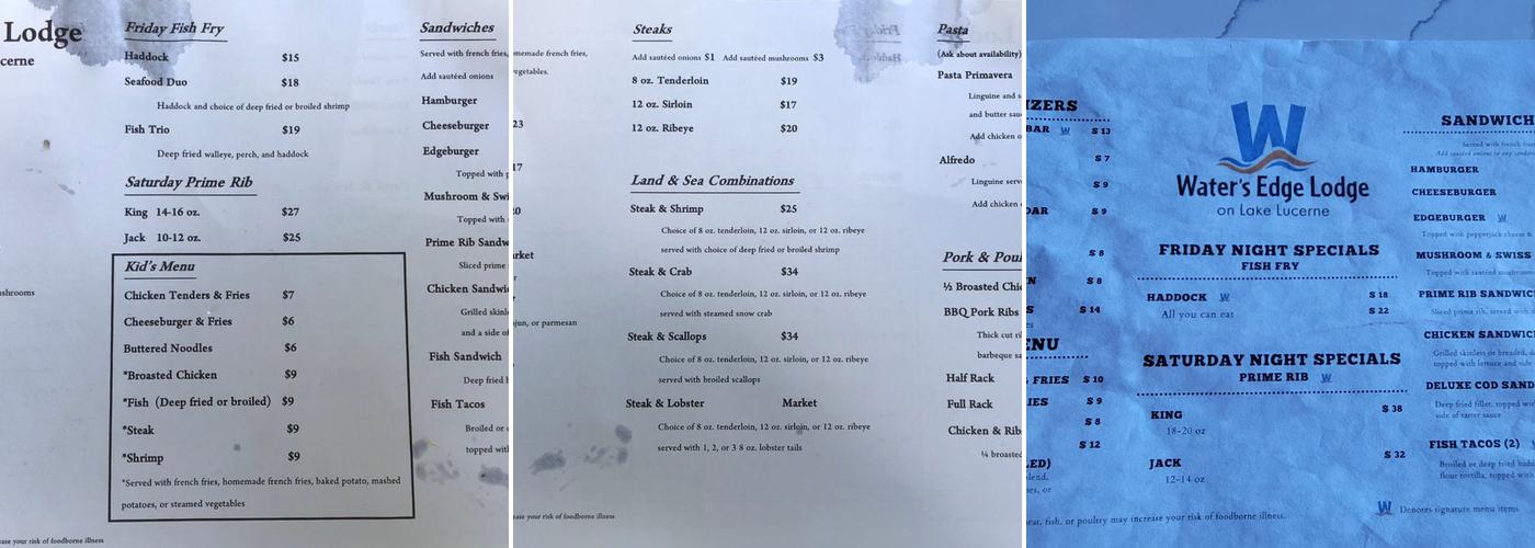 Waters Edge Lodge Menu