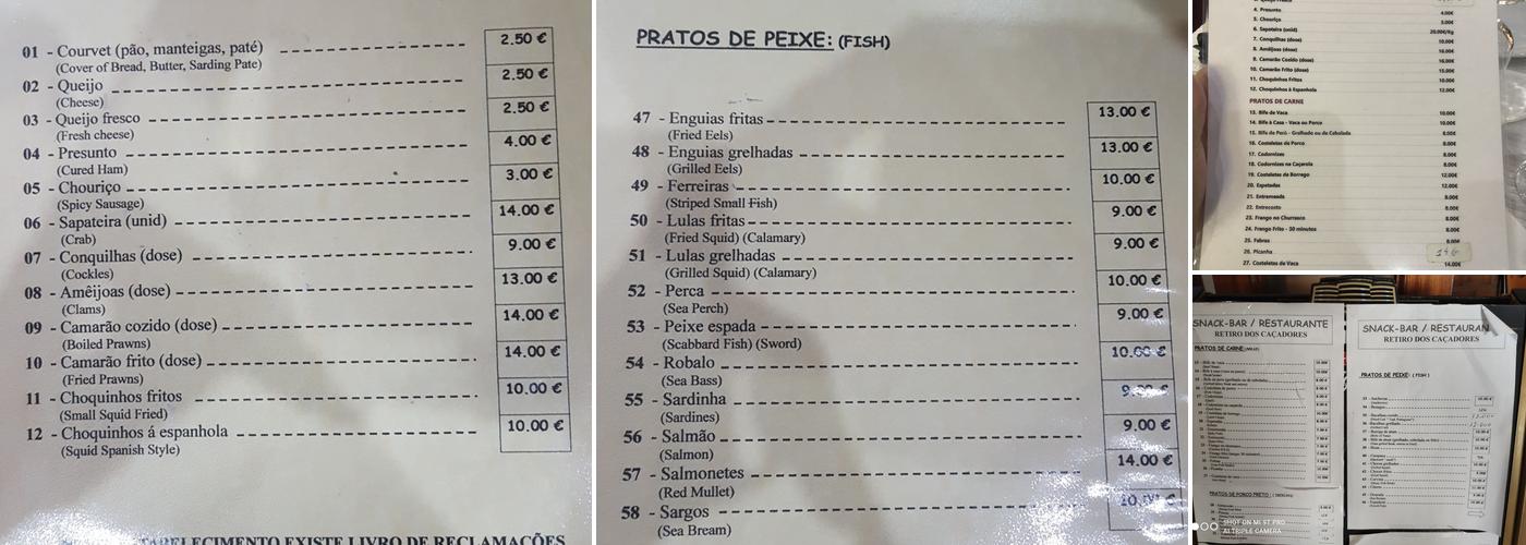 Retiro dos Caçadores Menu