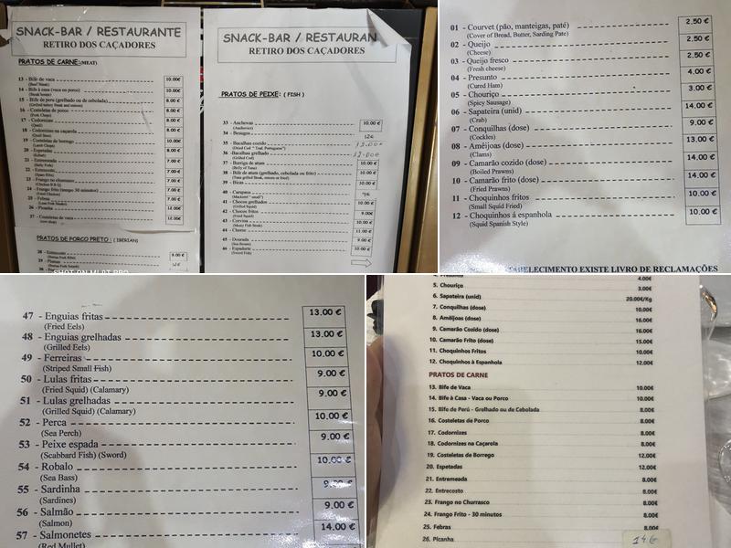 Retiro dos Caçadores Menu