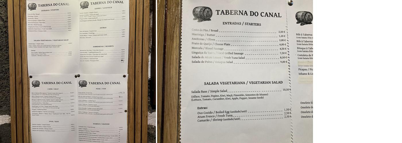Taberna do Canal Menu