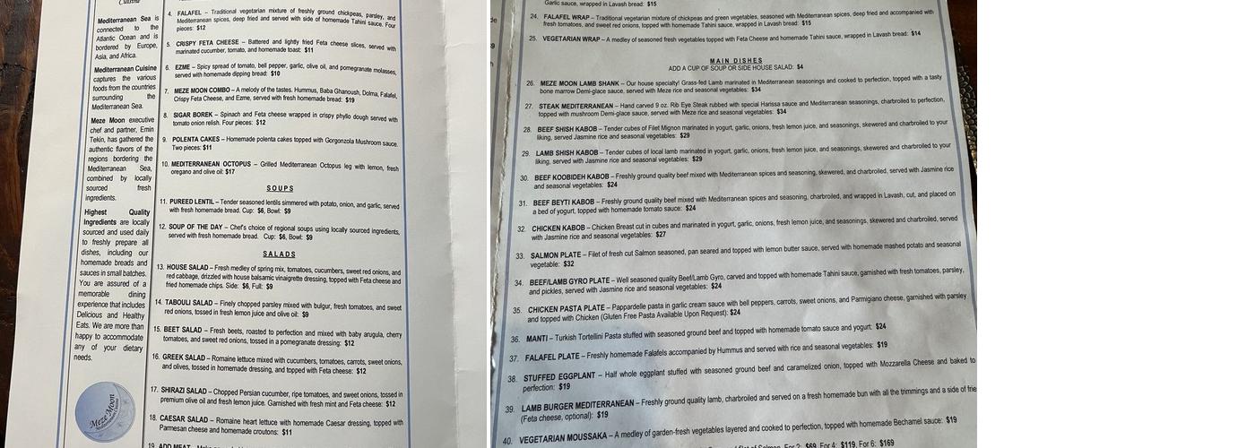 Meze Moon Mediterranean Cuisine Menu