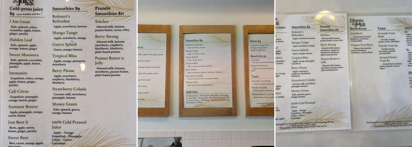 Plants and Juice Bar Menu